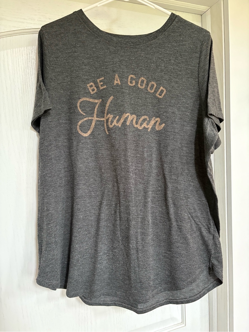 Maurices Gray Short Sleeve Tee with Pink 'Be A Good Human' Script